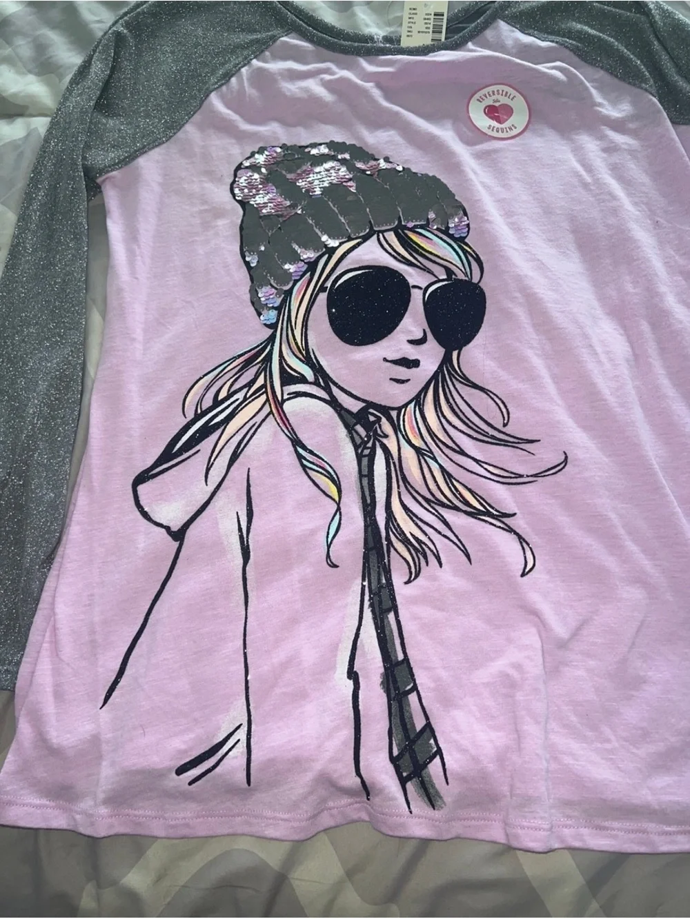 Justice Graphic Long Sleeve Top with Shimmery Gray Sleeves